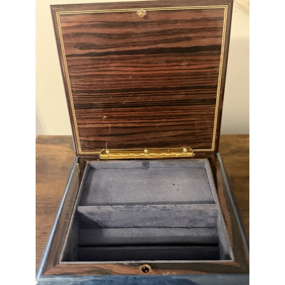 Vintage Star of David Musical Jewelry Box‎ Key Reuge Lever Blue Wood Locking